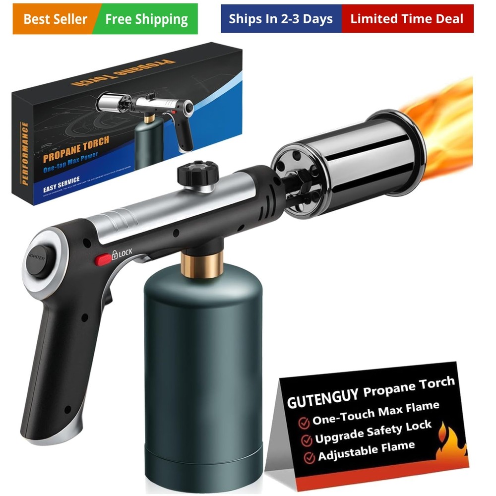Powerful Propane Torch with One-Touch Max Fire, Adjustable Kitchen Torch with...