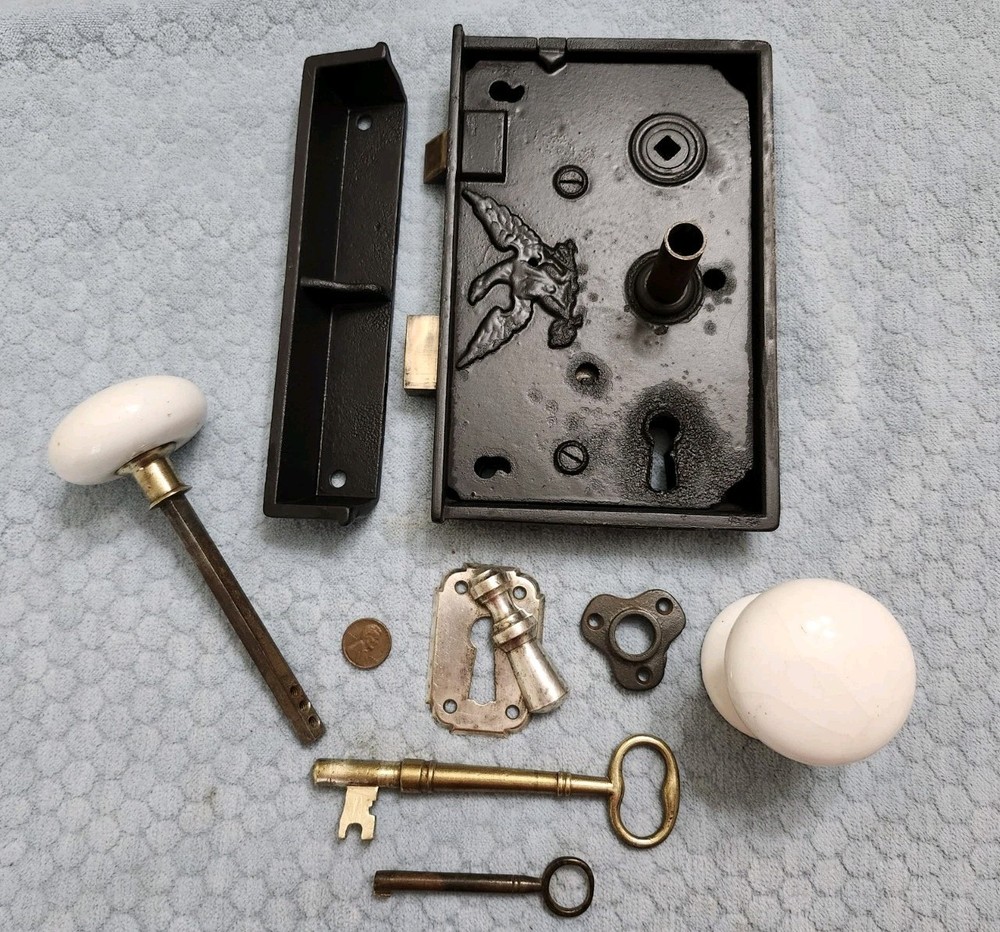R & E Beveled Edge Eagle Rim Lock Restored Exterior
