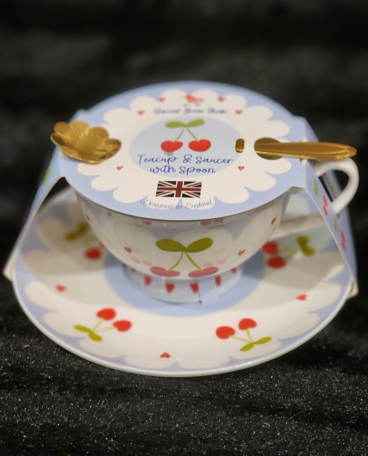 Cherry Bows Teacup & Saucer w Flower Spoon Hearts Blue Red White Lacey Cherries