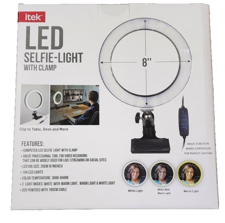 Itek 8" LED Clamp-On Selfie Ring Light with 3 Light Modes – Adjustable Lighting