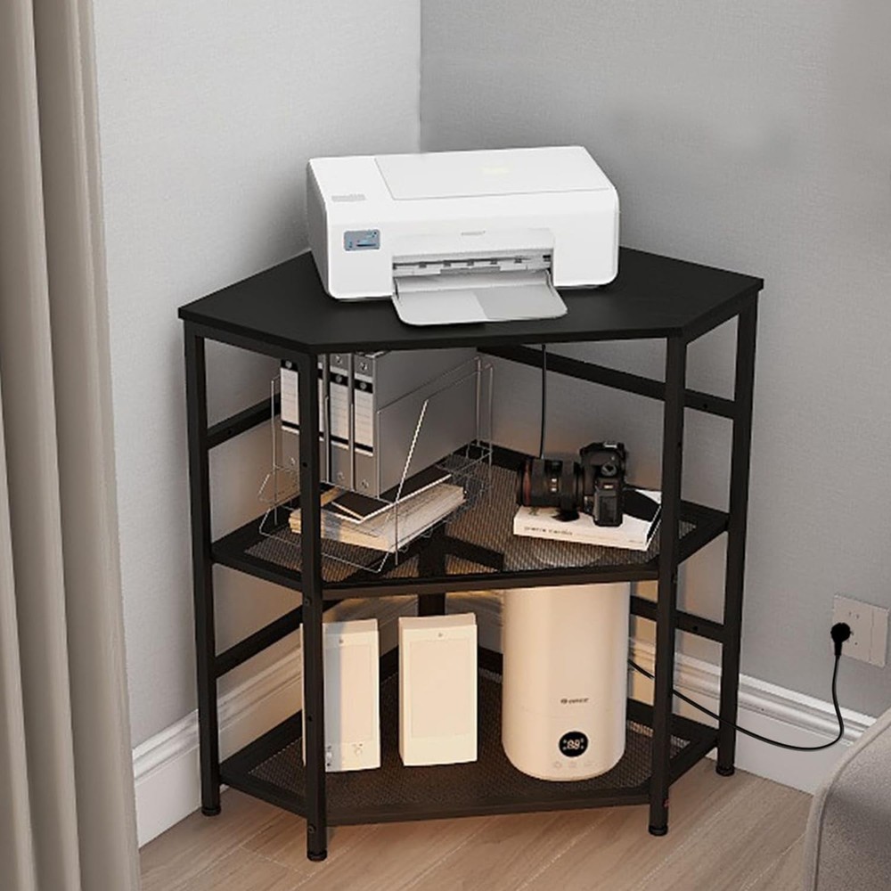 VEDECASA Corner Printer Stand Table with Power Outlet, USB, Adjustable Shelf