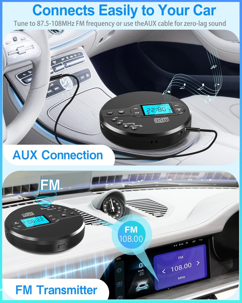 Portable CD Player with Bluetooth, FM Transmitter, Rechargeable, Anti-Skip, LCD