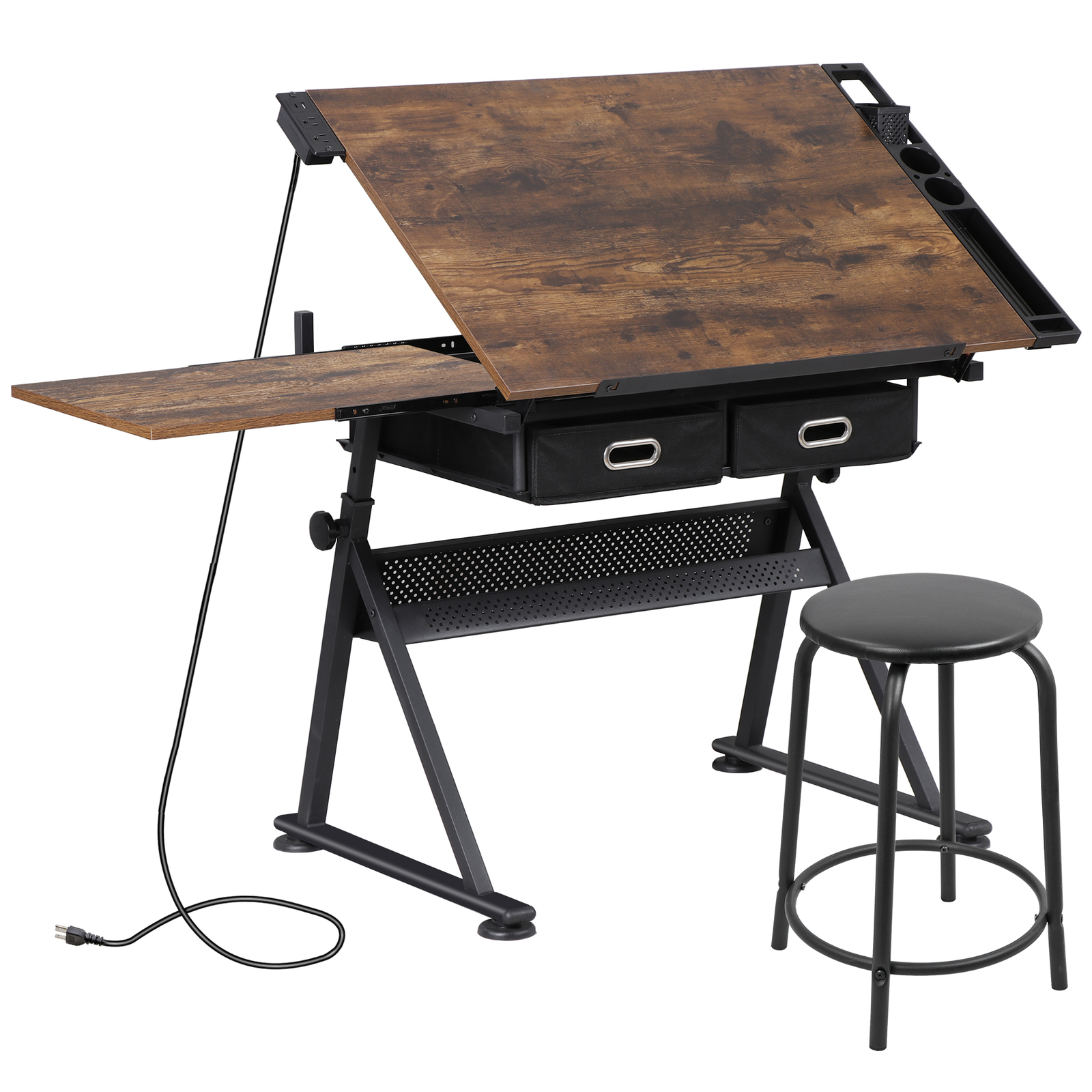 Drafting Drawing Table Adjustable Art Craft Desk with Power Outlet & Stool Retro