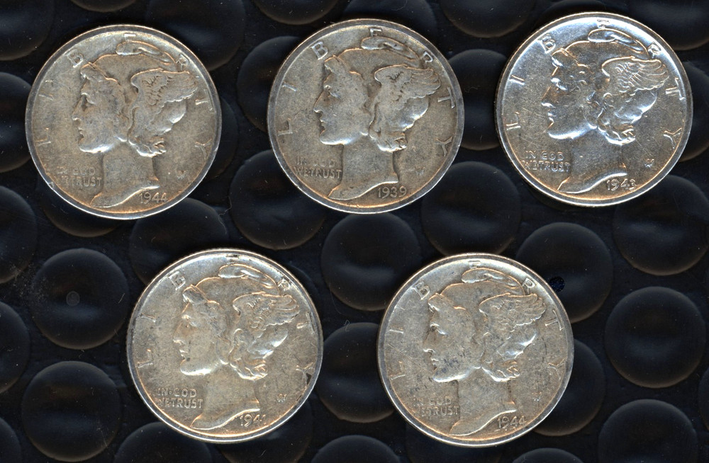 FIVE 90% SILVER MERCURY DIMES ~ FULL DATES ~ SILVER NOW AT RECORD HIGHS