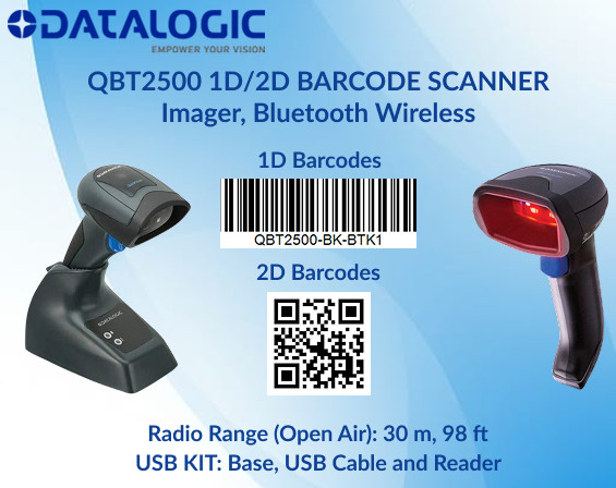 Datalogic QBT2500-BK-BTK1 1D/2D Barcode Wireless Bluetooth Scanner USB Kit
