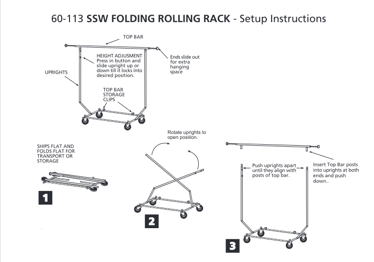 Clothing Rack Rolling Folding Single Bar Rail Salesman Sample Garment Display