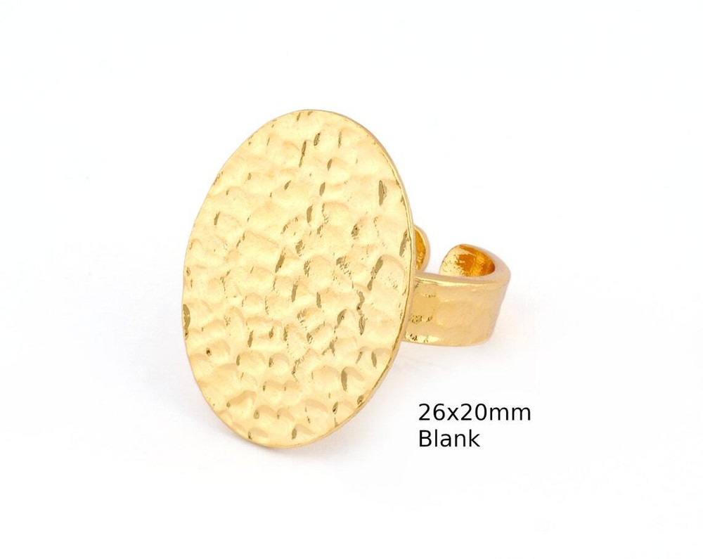 Oval Hammered Adjustable Ring Blank Bezel Base - Shiny Gold Plated Brass 4936