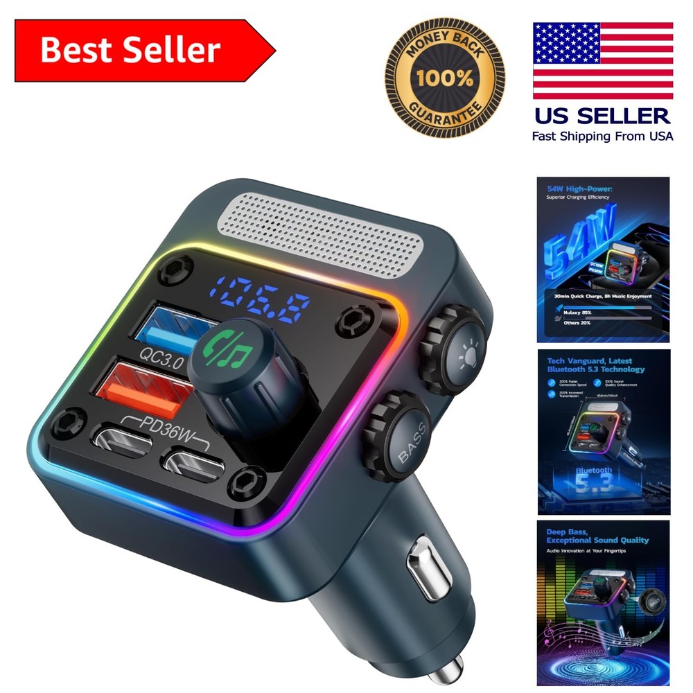 54W Bluetooth 5.3 Car Adapter - 4 Charging Ports & FM Transmitter with Deep Bass