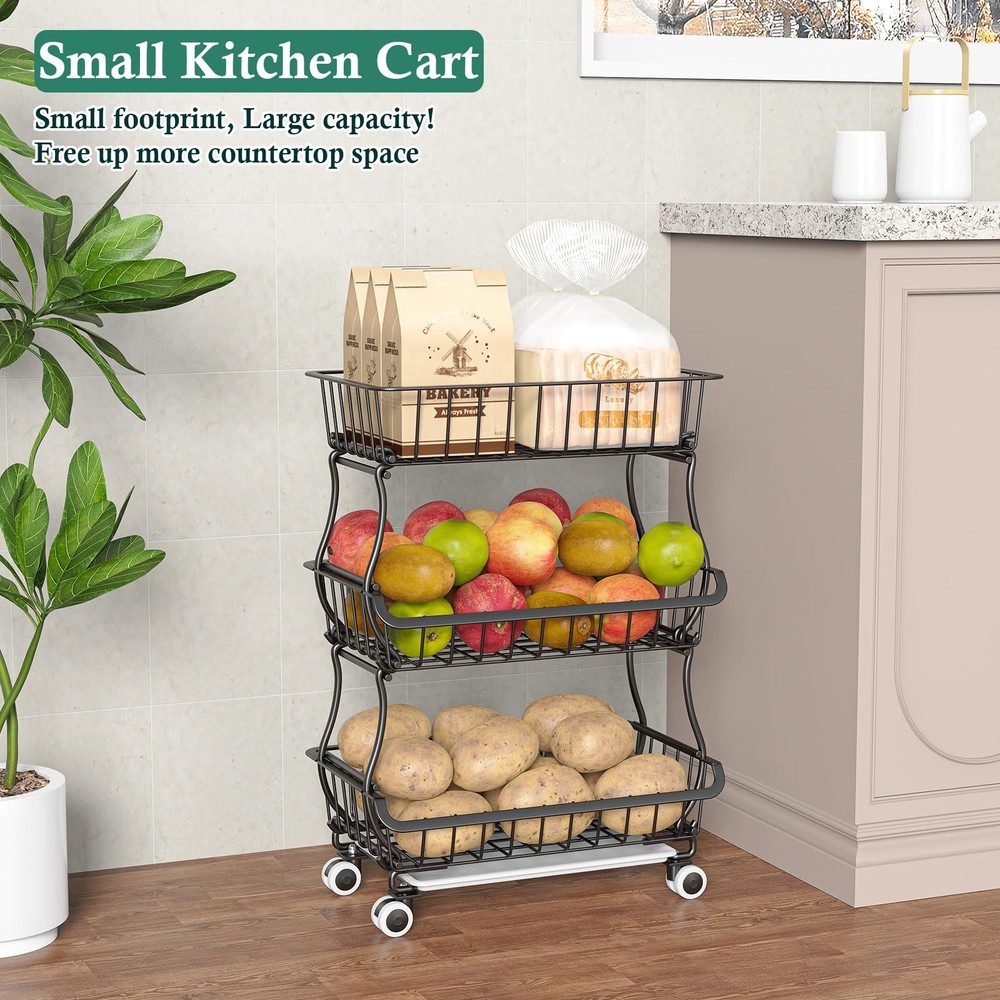 3-Tier Rolling Pantry Floor Organizer and Storage Cart with Wheels, Stackable...