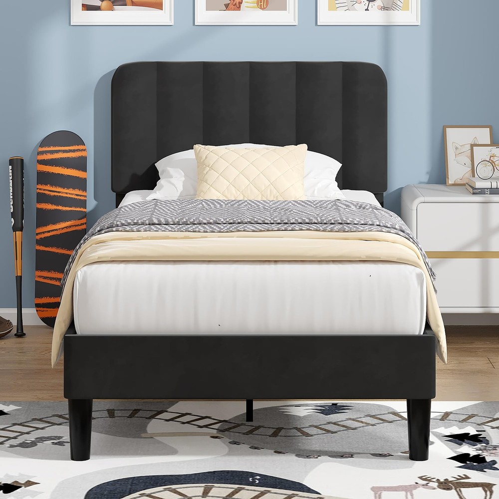 Twin Upholstered Bed Frame Velvet Headboard Platform Black VECELO Size Bedframe