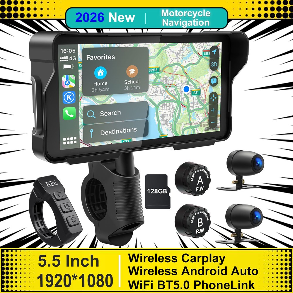 5.5" Motorcycle Carplay Android Auto Dash Cam TPMS Waterproof Touchscreen GPS