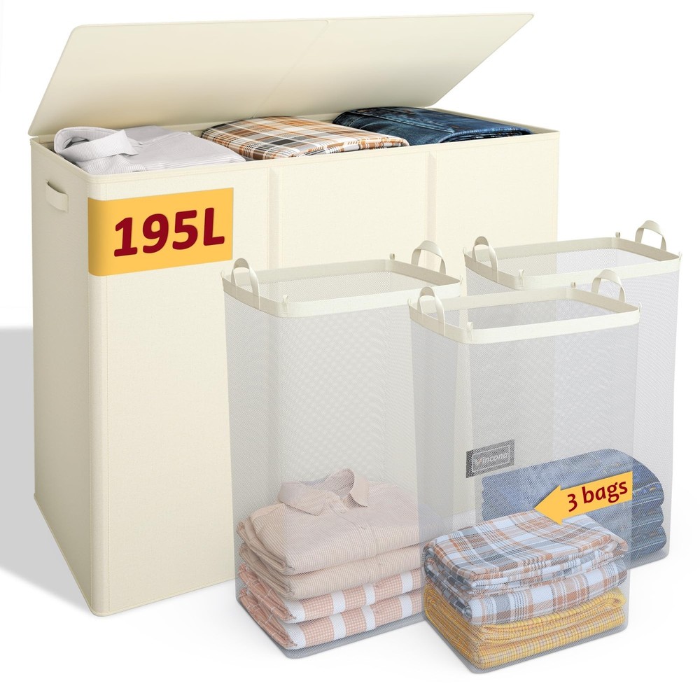 195L Laundry Hamper 3 Section,Large Laundry Hamper with Lid,Dirty Clothes Ham...