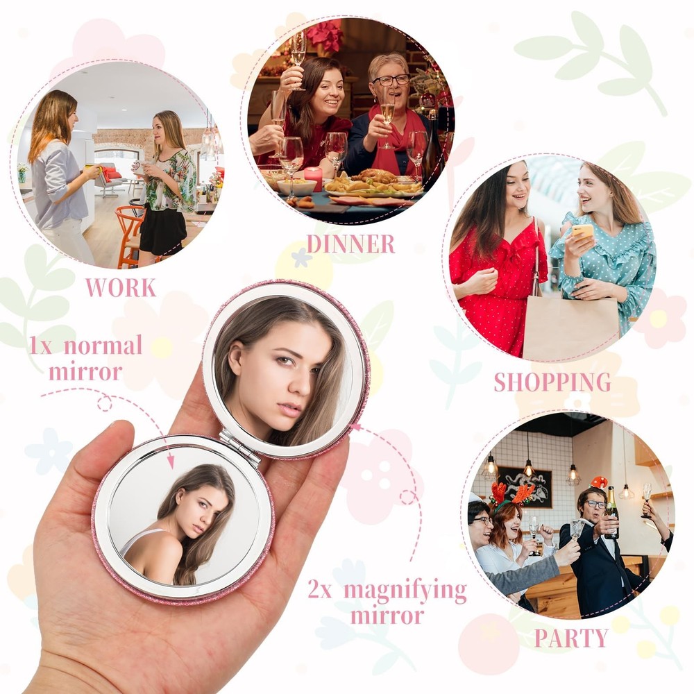 Cosmetic Compact Mirror Folding Glitter Round Mini Makeup Mirror Portable Bli...