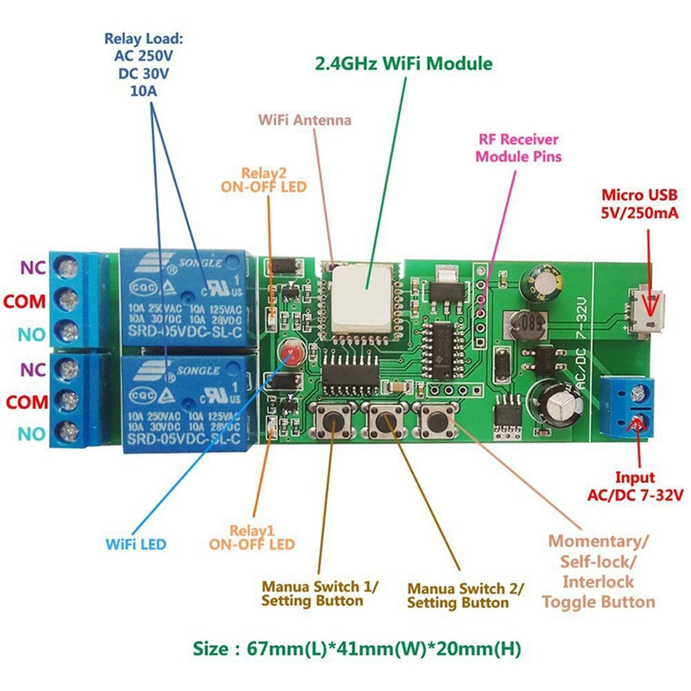 EWelink WiFi Inching Relay Momentary Self-Locking Interlock Switch Module ST-DC2