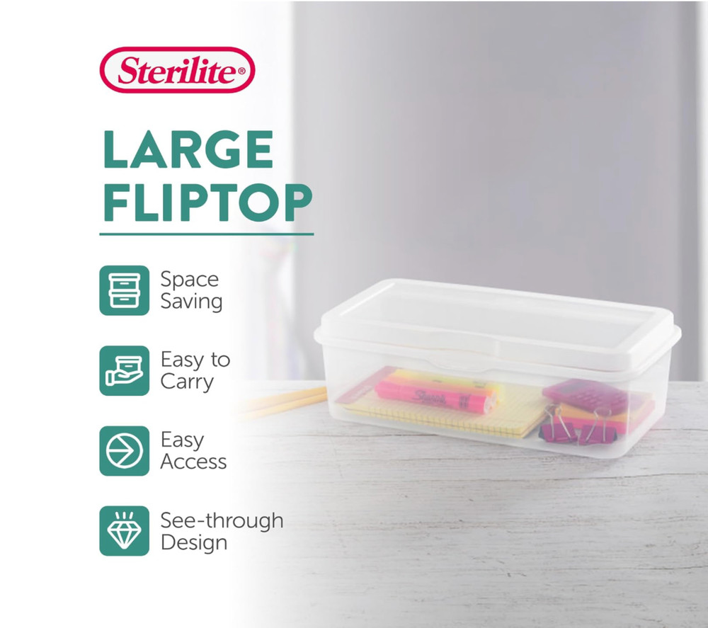 Sterilite 6-Pack Rectangular Large Fliptop, Clear Plastic Storage Box with Hinge
