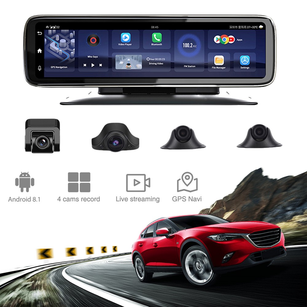 12" 360° panoramic 4CH Cameras lens car dvr backup mirror dash camera with gps