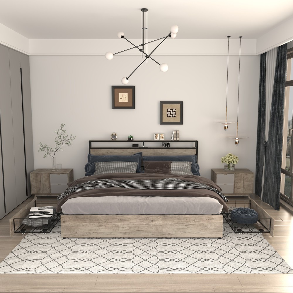 Full Bed Frame, Storage Headboard with Charging Station, Solid and Stable,