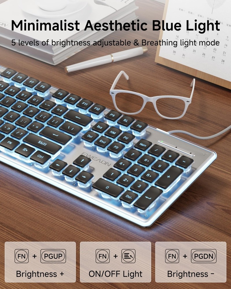EWEADN GX710S Backlit Computer Keyboards, Wired USB Keyboard with Blue Backli...