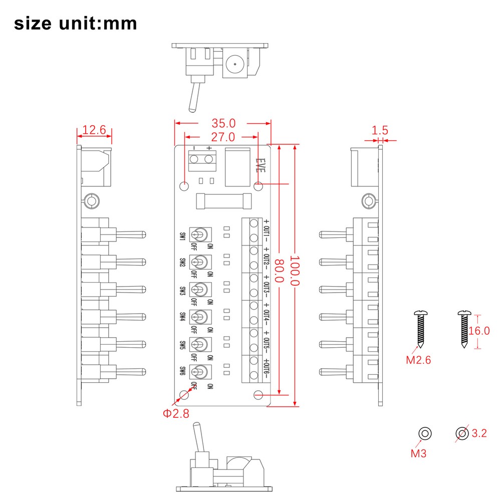 Evemodel 3V-24V DC Individual Toggle Switch Power Distribution Module 6 Channels