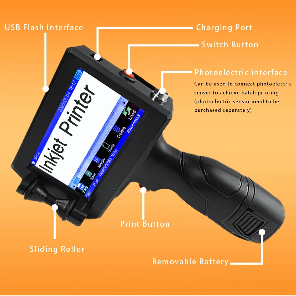 Handheld inkjet printer prints text, batch number, barcode, brand identification