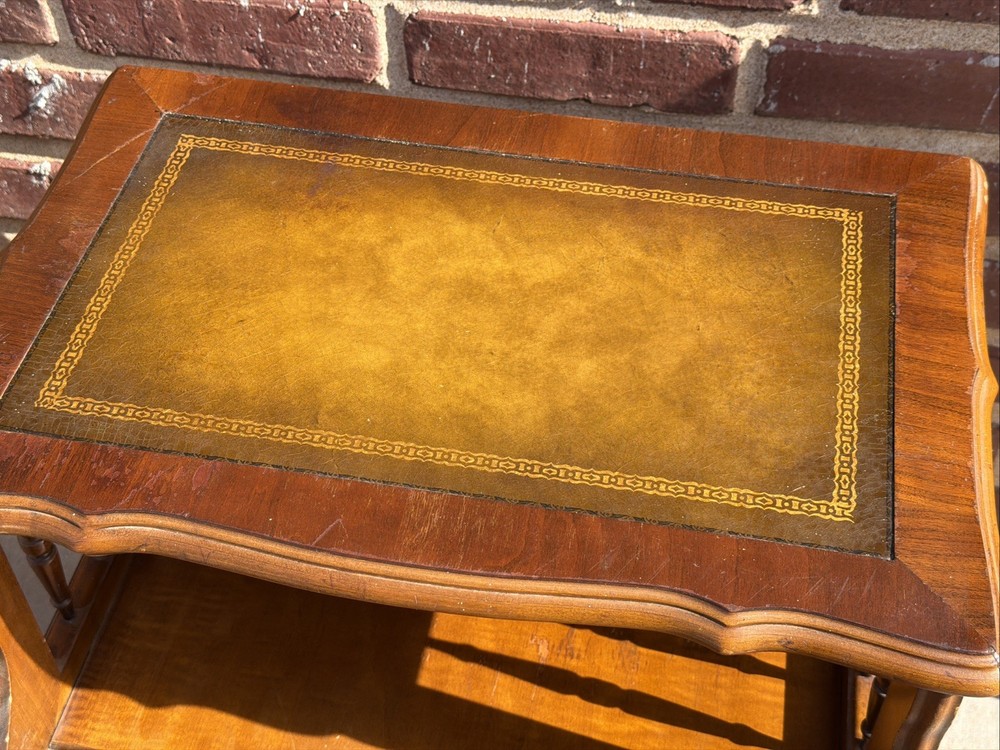 PAIR Step-Back Tooled Leather Top ANTIQUE Side End Tables