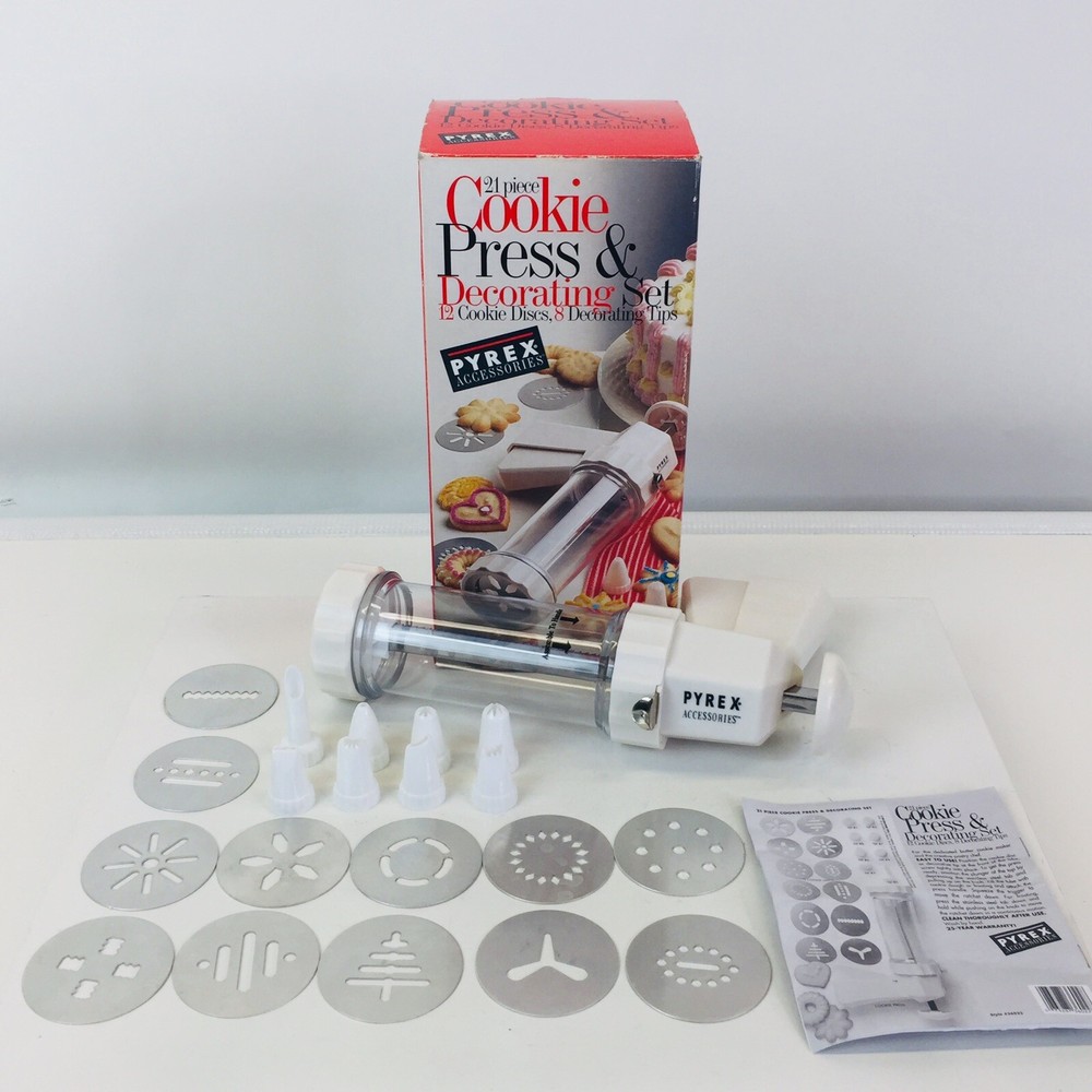 21 Piece Cookie Press And Decorating Set Pyrex All tips and discs