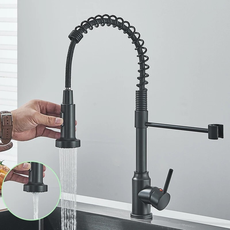 Matte Black Kitchen Sink Faucet Spring Pull Down Sprayer Single Handle Mixer Tap