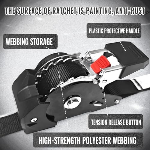 Retractable Ratchet Straps, (4) 1" x 10' Tie Down Strap + (4) Soft Loop -