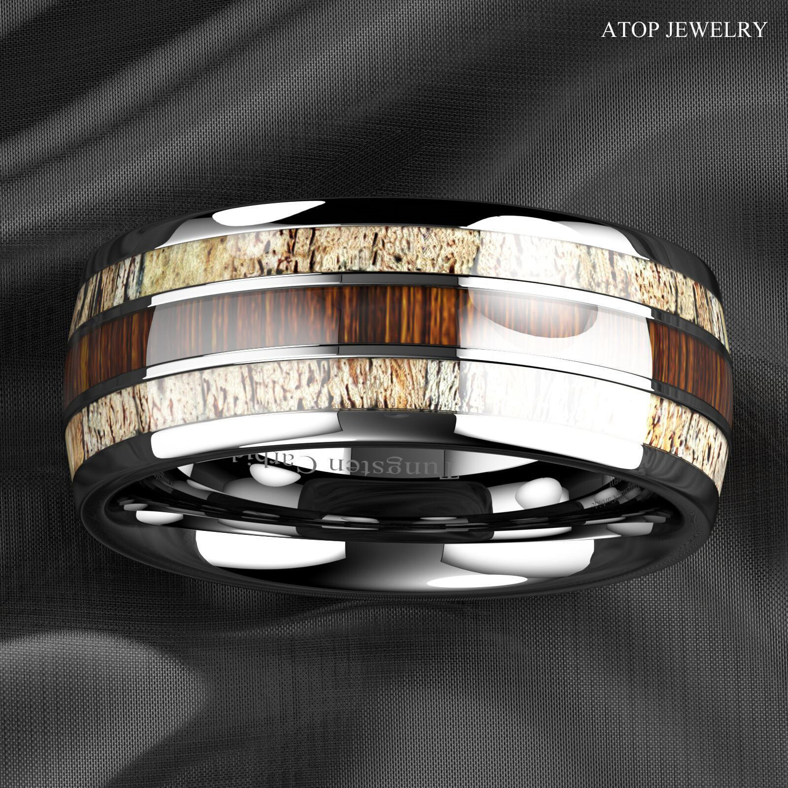 8mm Silver Tungsten Ring With Deer Antler Koa Wood Men Wedding Band ATOP Jewelry