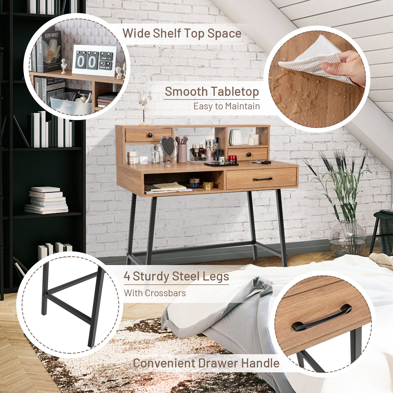 Computer Writing Desk Storage Makeup Vanity Table with Drawer Shelf Industrial