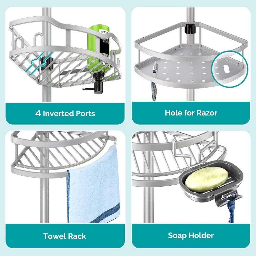Rustproof Corner Shower Caddy - 4-Tier Adjustable Tension Pole Organizer