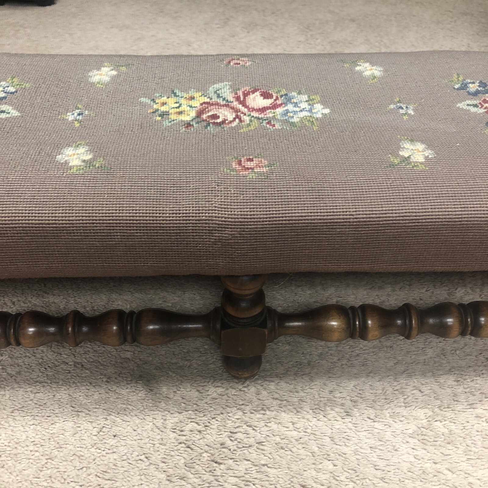Antique Wood KITTENGER Footstool Ottoman Embroidered Needlepoint Flowers Rare