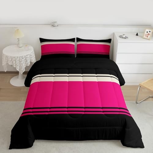 Patchwork Striped Comforter Set Hot Pink Black Stripes Bedding Queen Pattern 04