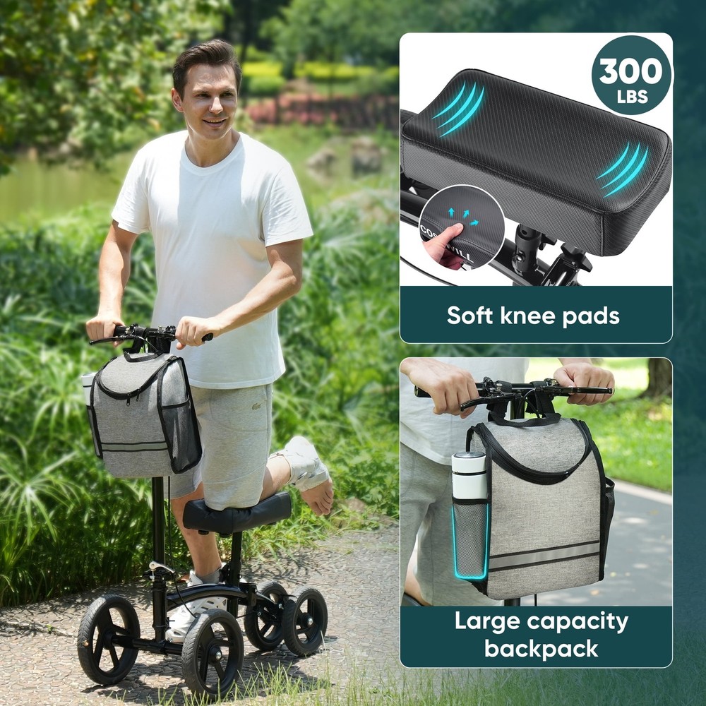 Steerable Knee Scooter All Terrain Foldable Walker Crutch Alternative Black