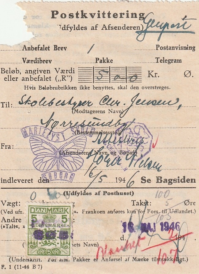 DENMARK: Franked postal receipt 1946.