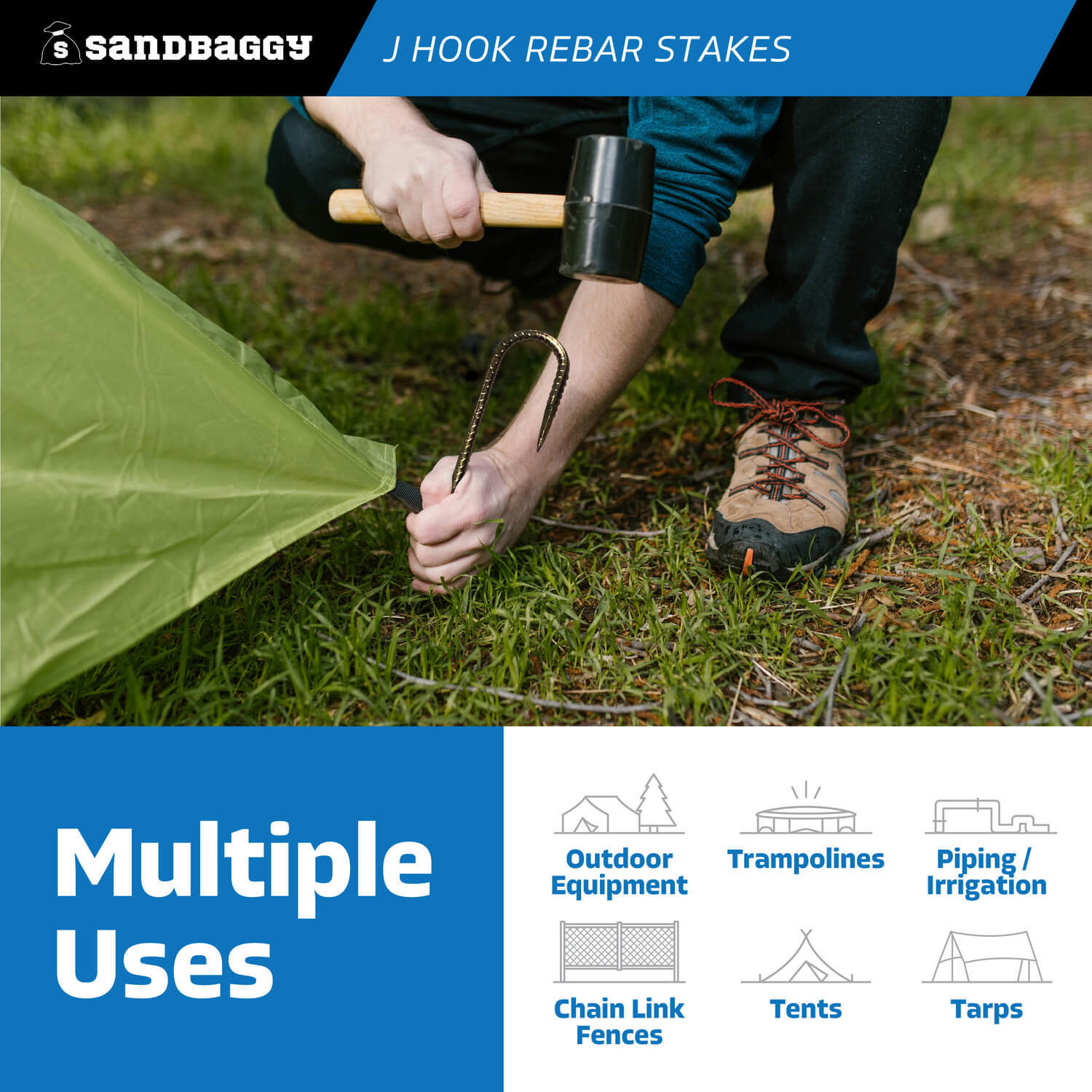 Sandbaggy 16" J Hook Rebar Stakes - Galvanized Steel - 5/16" Diameter