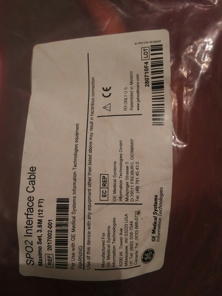 GE OEM SPO2 INTERFACE CABLE MASIMO SET 12 FT REF 2017002-001