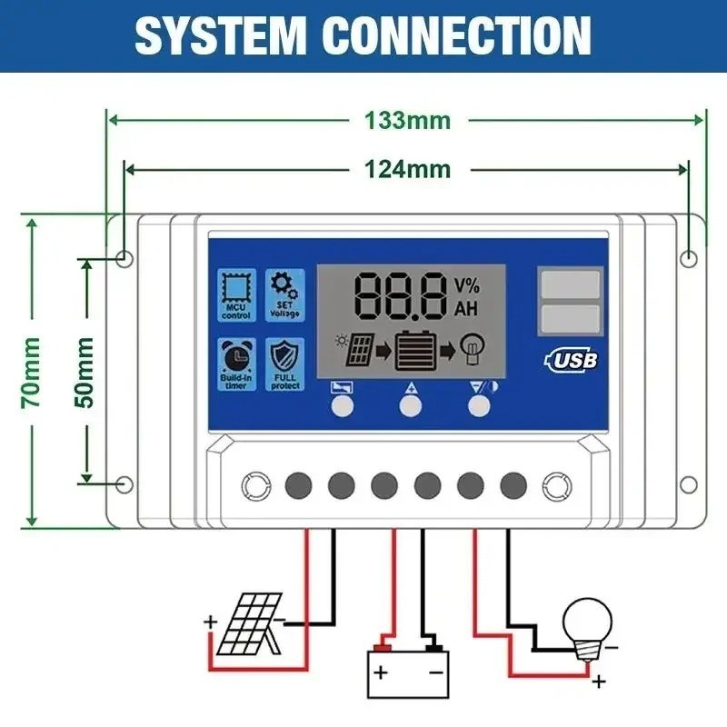 30A 12V/24V Solar Panel Battery Charge Controller LCD Auto Regulator Dual USB