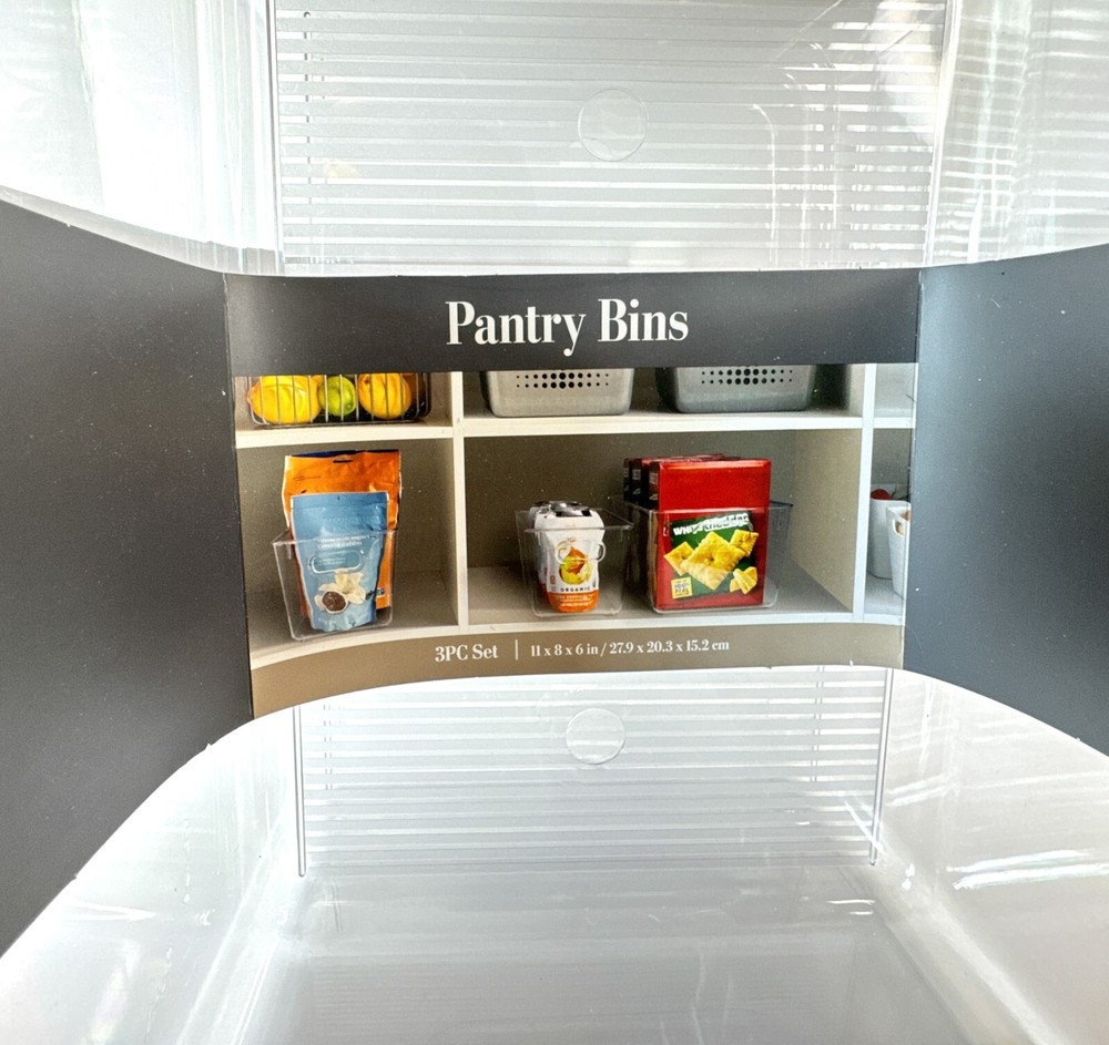Pantry 3pc Rectangular Plastic Bin Set 11 x 8 x 6 Clear Durable BPA Free Plastic