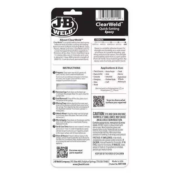 JB Weld 50114 ClearWeld Quick Setting Epoxy, Clear 0.47 oz.
