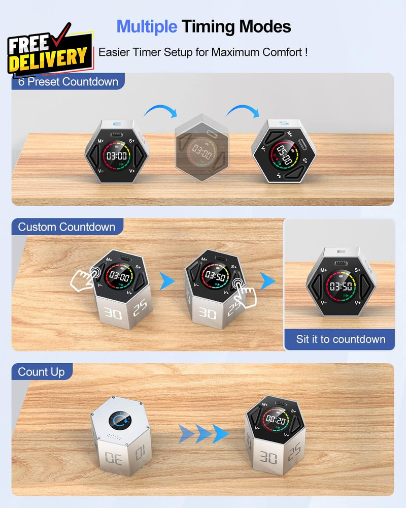 Ticktime Pomodoro Timer Cube Hexagon Productivity Timer Pause & Resume Silent...