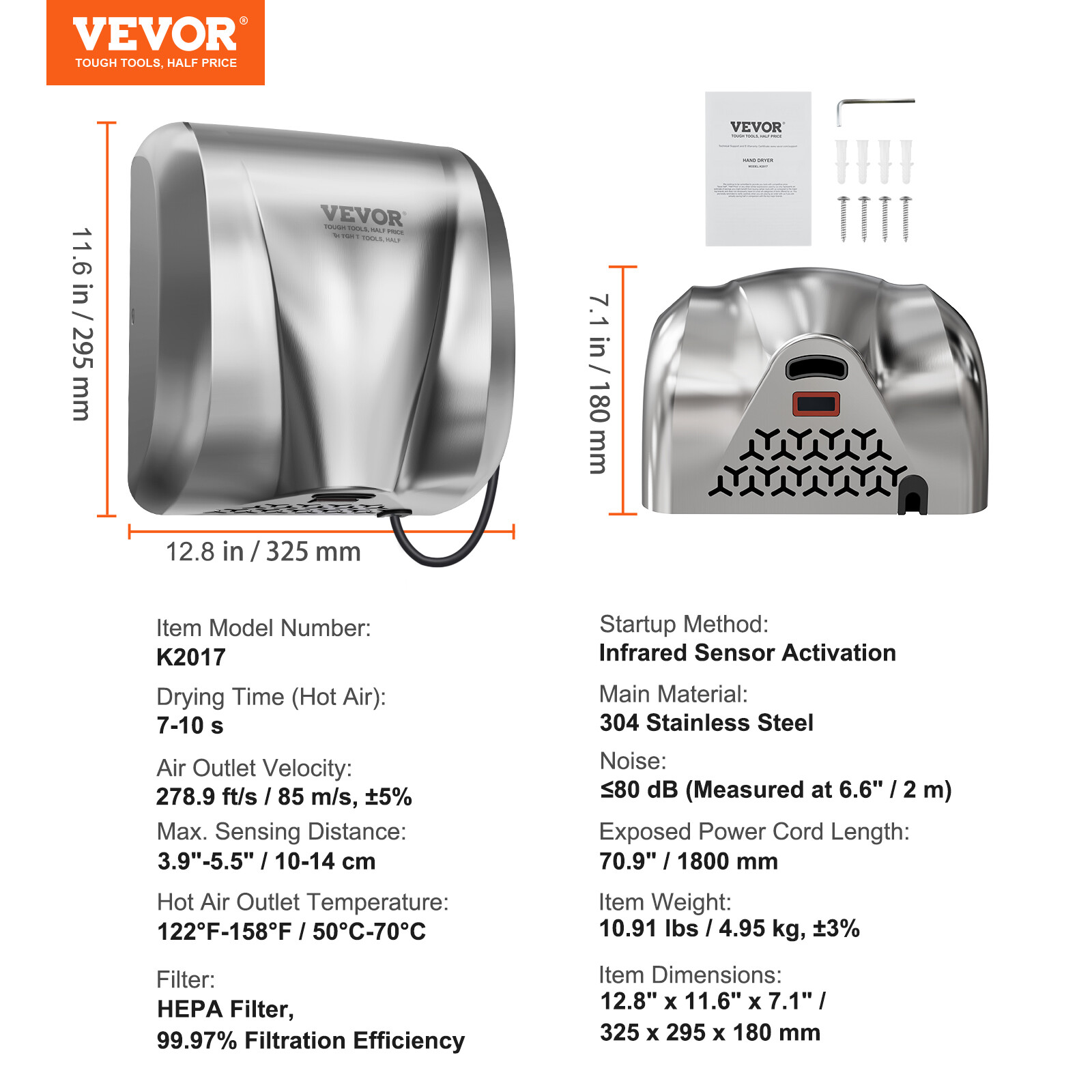 VEVOR 1300W Hand Dryer Commercial Household Automatic High Speed Stainless Steel