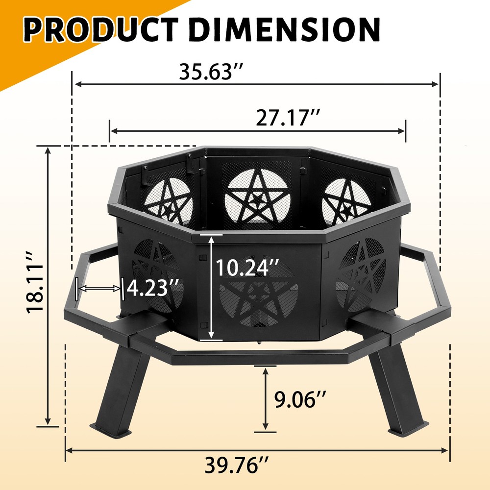 35"Octagonal Pit Outdoor Fire Pit Wood Burning Firepit Bonfire Fire Pit