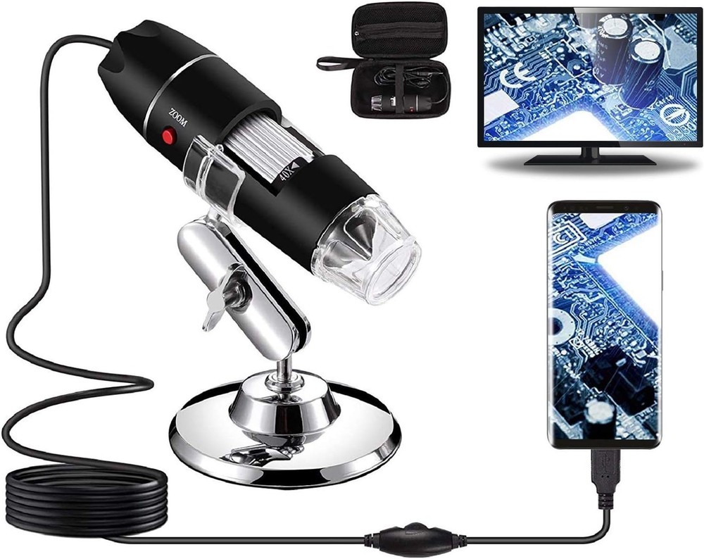 Portable 1000X USB Digital Microscope with Adjustable Lighting & Metal Stand