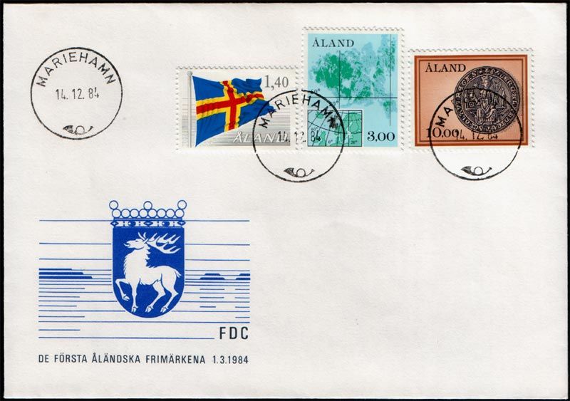 Aland FDC 1984, Flag, Map, Seal, Mint