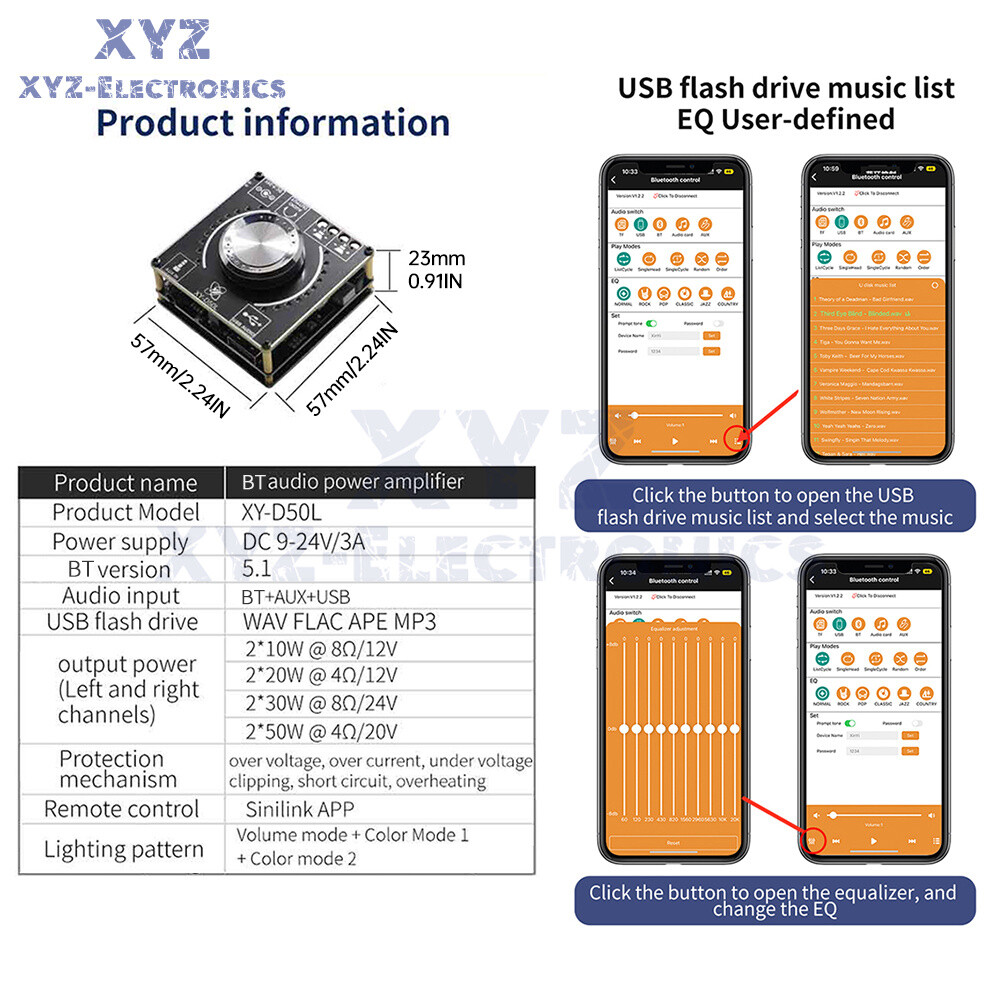 D50L Stereo Bluetooth 5.1 Audio Digital Power Amplifier Board Light APP Control