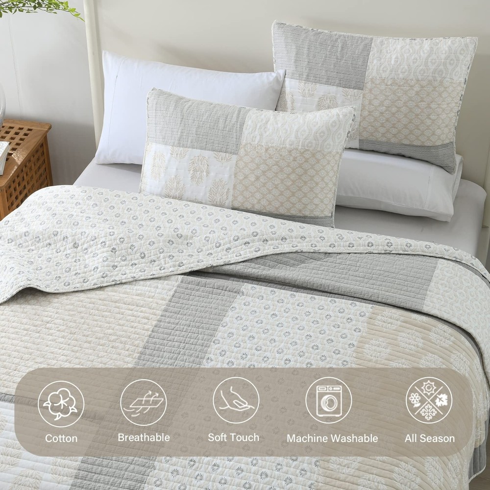 Finlonte Quilt Set King Size - 100% Cotton King Comforter Set, Patchwork Beds...