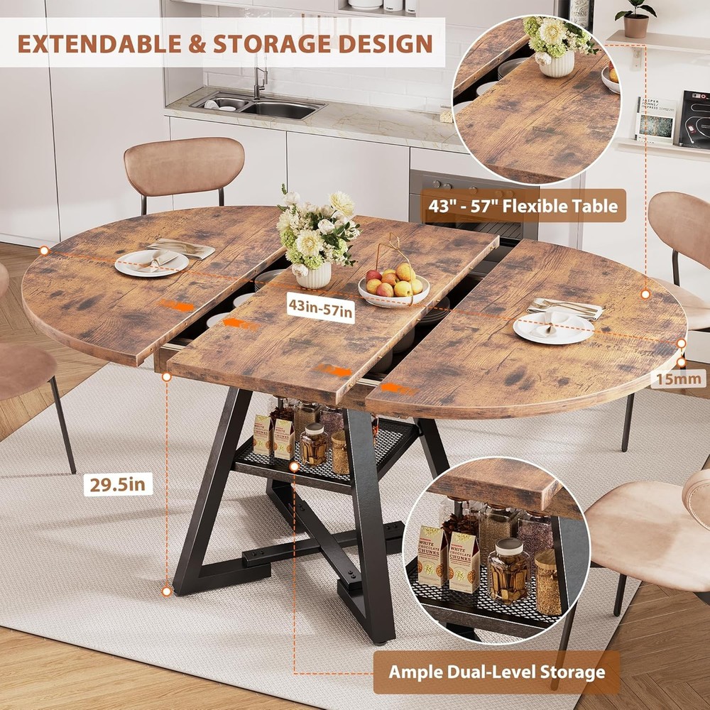 Round Dining Table Kitchen Dining Room Dinner Table 4-6 Space Saving Extendable