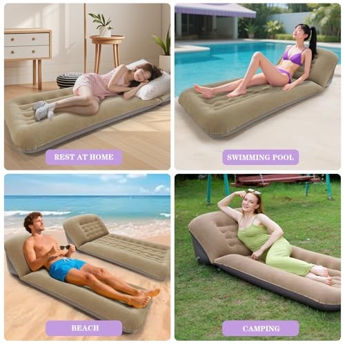 Inflatable Camping Air Mattress with Adjustable Backrest, Flocking Portable