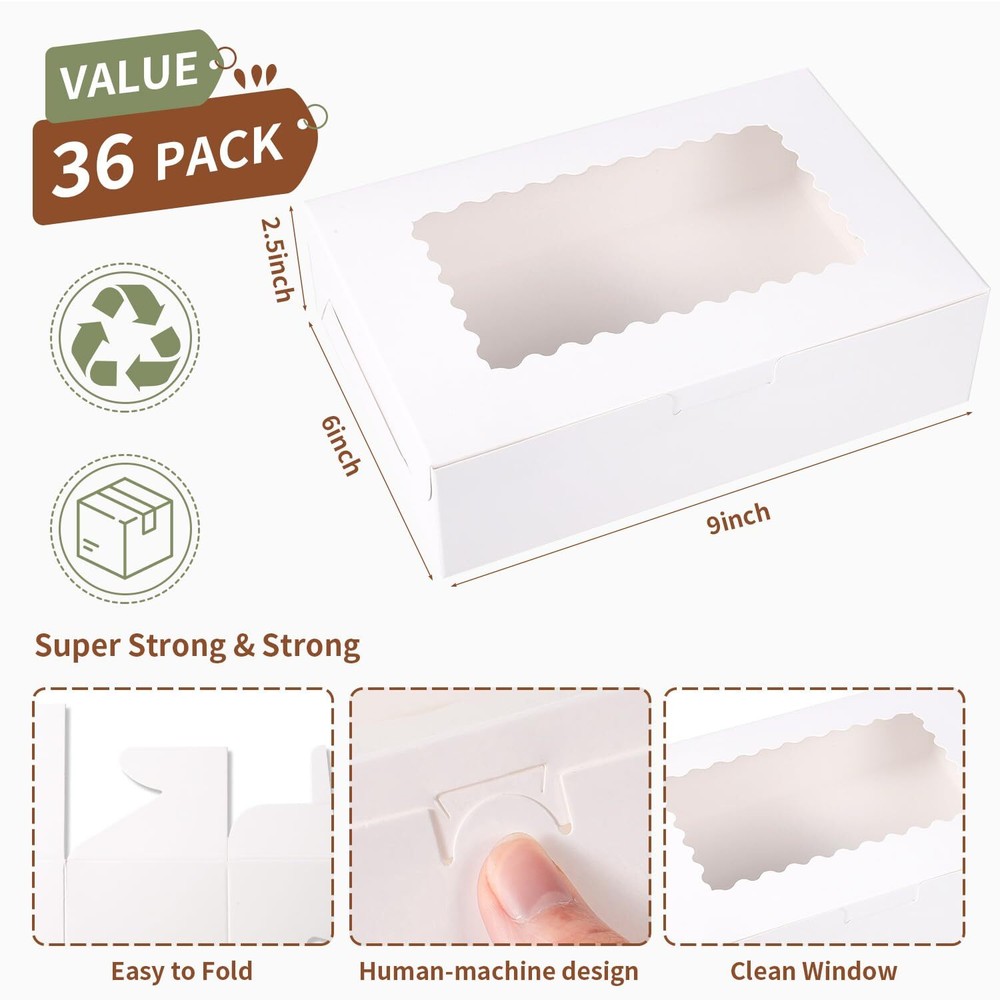 36 pcs Cookie Boxes9x6x2.5 Inch Large Bakery Boxes with Window for Pies Choco...